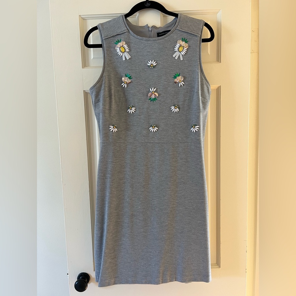 Banana Republic- gray, sleeveless sheath dress with pineapple embellishment